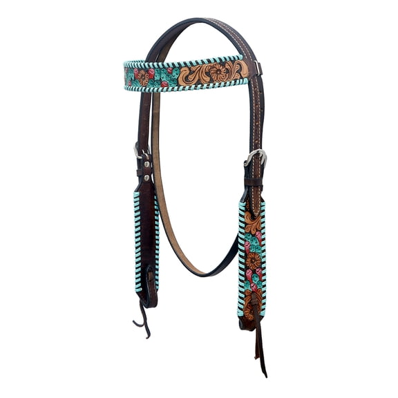 HILASON Western Horse Genuine Leather Floral Design Headstall Dark Brown