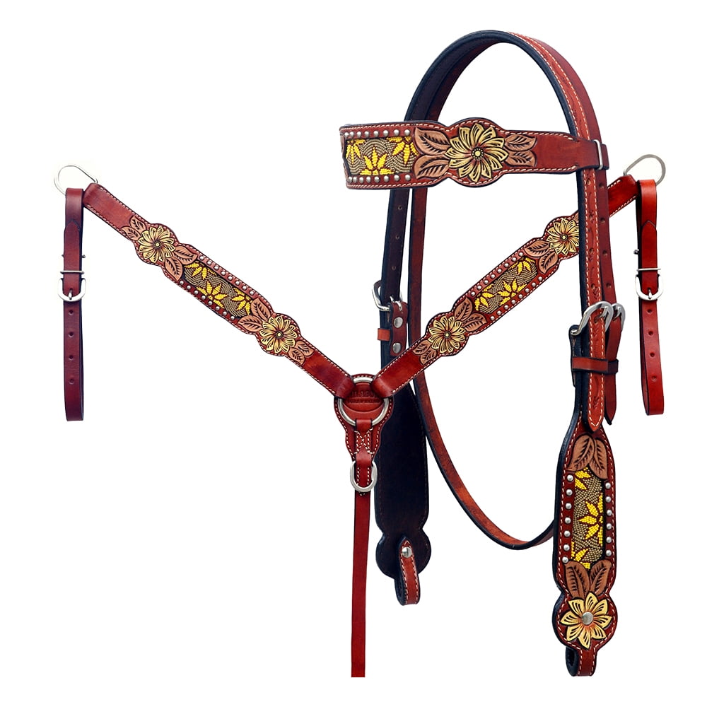 Ensemble Collier De Poitrail Western Pour Cheval En Cuir Américain Hilason - Motif Floral Marron/turquoise