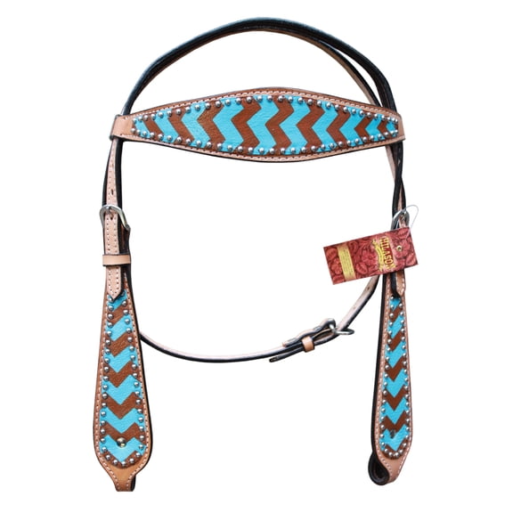 HILASON Western Horse Genuine Leather Headstall Set Turquoise & Brown Zigzag