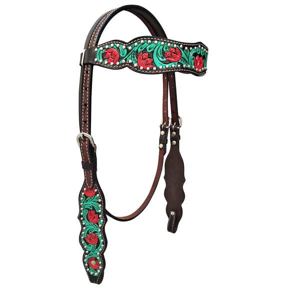 HILASON Western Horse Headstall American Leather Floral Dark Brown With Turquoise
