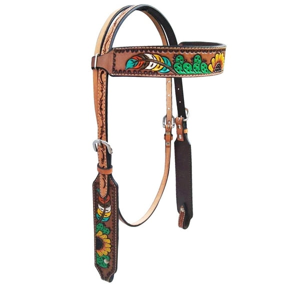HILASON Western Horse Headstall American Leather Sunflower Cactus