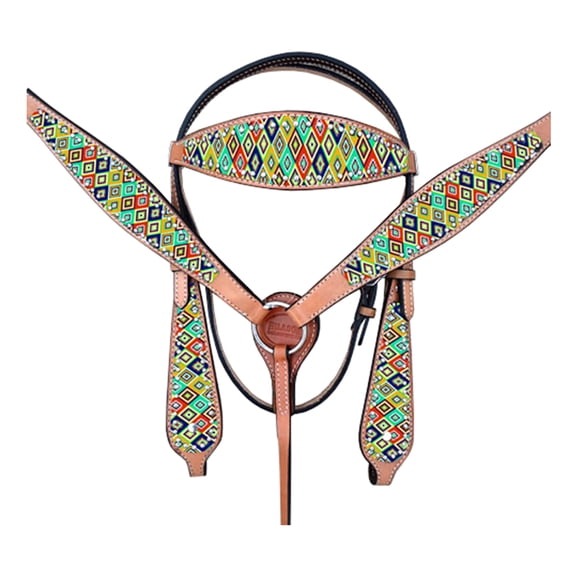 HILASON Western Horse Leather Headstall & Breast Collar Tack Aztec