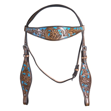 HILASON Western Horse Leather Headstall Floral Brown - Turquoise Inlay