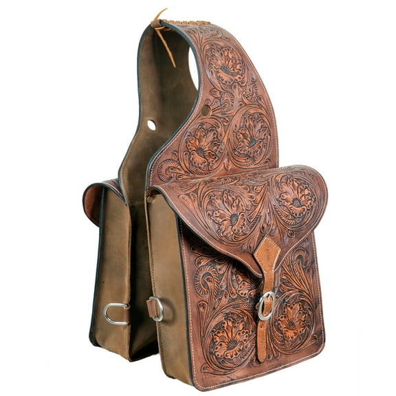 HILASON Western Horse Floral Tooled Leather Saddle Bag Heavyduty Traditional Trail Ride Oiled Tan