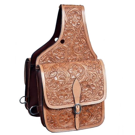 HILASON Western Horse Floral Tooled Leather Saddle Bag Heavyduty Traditional Trail Ride Tan
