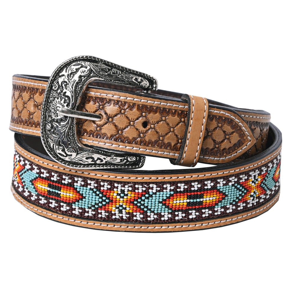 9479 Western Tooled Leather Beaded Belt For Men And Women Hand-Tooled Leather Western Beaded Belt by Hilason – Hilason  main image 3