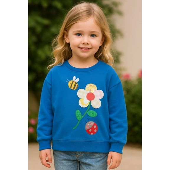 HILEELANG Toddler Girls(2-7Y) Blue Sweatshirt Cotton Falling Shoulder Sleeve Pullover Colorful Royal Flower Fall Winter Shirt 5T