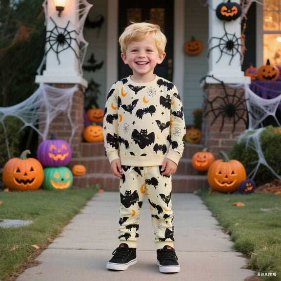 HILEELANG Toddler Boys Halloween Outfit – 2 Piece Cotton Set with Bat & Spider Print Sweatshirt and Jogger Pants 5T