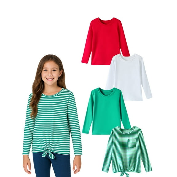 HILEELANG Girls 100% Cotton Long Sleeve T-Shirt 4-Pack, Red Green White Striped, Casual Everyday Tops, Size 11-12