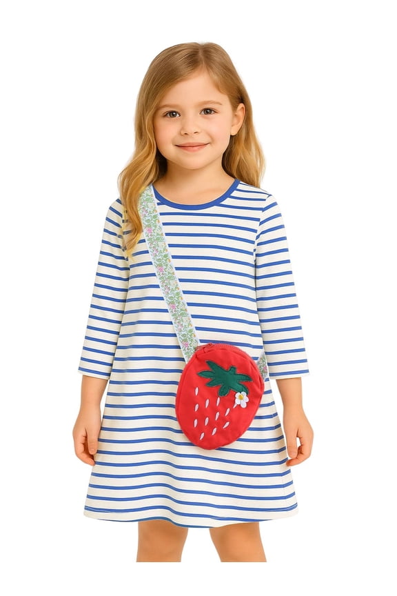 100% Cotton Girls Long Sleeve Dress with NavyUnicorn ,NavyStripeDog,StripeStrawberry and FloralPumpkin – Ages 2-7