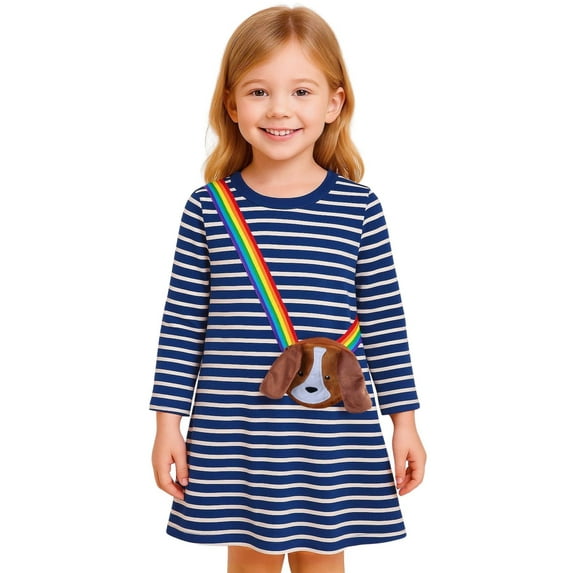 HILEELANG 100% Cotton Girls Long Sleeve Dress with NavyUnicorn ,NavyStripeDog,StripeStrawberry and FloralPumpkin – Ages 2-7