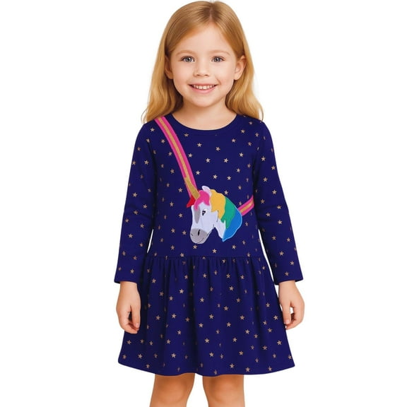 HILEELANG 100% Cotton Girls Long Sleeve Dress with NavyUnicorn ,NavyStripeDog,StripeStrawberry and FloralPumpkin – Ages 2-7