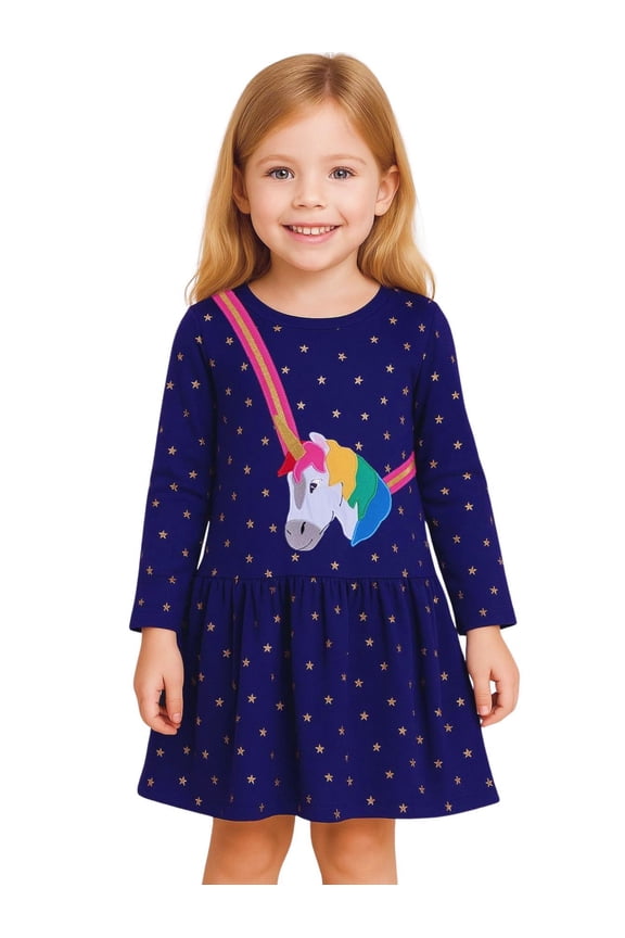 100% Cotton Girls Long Sleeve Dress with NavyUnicorn ,NavyStripeDog,StripeStrawberry and FloralPumpkin – Ages 2-7