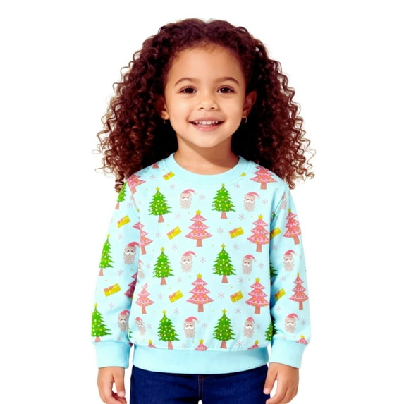 HILEELANG little Girls(2-7Y) Christmas Blue Sweatshirt - Kids Cute XmasTree Pullover Holiday Long Sleeve Tops 7T