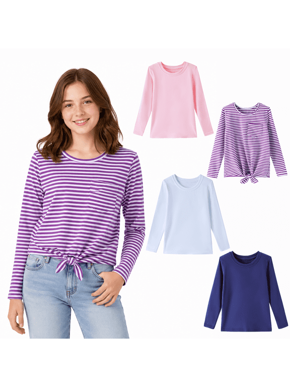 Girls Long Sleeve Shirts 4-Pack, 100% Cotton, Purple Navy Pink White, Size 9-10Y