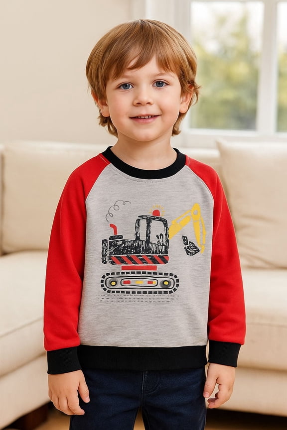Toddler Boy(2-7Y) Raglan Sleeve Sweatshirt with Excavator Print – Cute Construction Pullover Top for Fall 4T