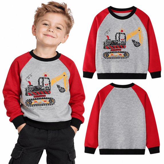 HILEELANG Boys Excavator Raglan Graphic Sweatshirt, Sizes 2-7 Years