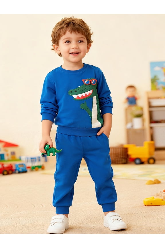 Toddler Boys（2-7Y) Blue Glass Dino Sweatshirt and Pants Set, 2 Piece Long Sleeve Outfit for Kids, Cotton Fall Winter Clothes 5T