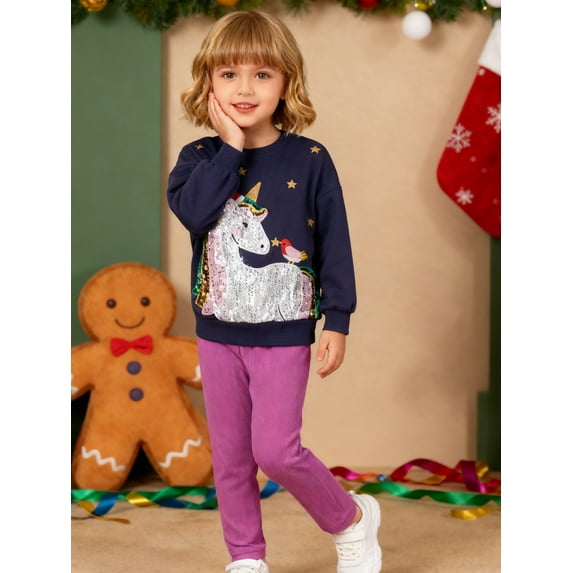 HILEELANG little Girl Fall Outfits Clothing Pants Set Unicorn Sweatshirt(Age:2-7Y) Cotton Strench Purple Leggings Playwear Sets 2pc 7T