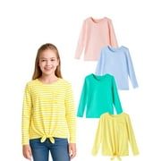 HILEELANG Girls 100% Cotton Long Sleeve T-Shirt 4-Pack, Blue Pink Green Yellow, Casual Everyday Tops, Size 14-15