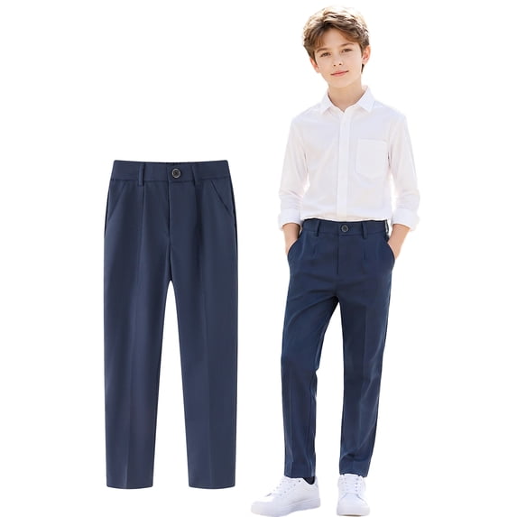 HILEELANG 1PC Big Boys Girls School Uniform Pants Navy Blue Kids Wrinkle-Free Dress Slacks Elastic Back Waist Classic Fit Pull-On Trousers for Students 8-10Years