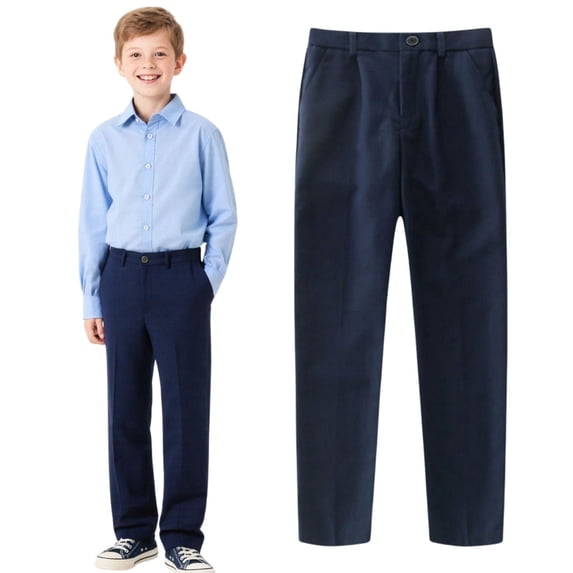 HILEELANG 1PC Big Boys Girls School Uniform Pants Navy Blue Kids Wrinkle-Free Dress Slacks Elastic Back Waist Classic Fit Pull-On Trousers for Students 8-10Years
