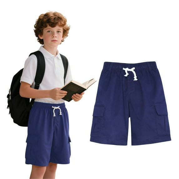HILEELANG 1PC Kids Boy Uniform Pull on Cargo Jogger Shorts Navy Blue Cotton Stretch Chino School Shorts 15-16Years