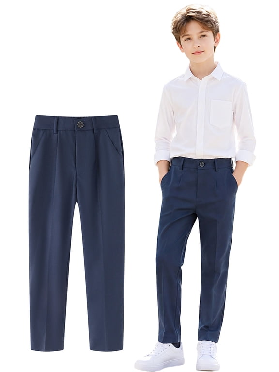1PC Little Boys Girls School Uniform Pants Navy Blue Kids Wrinkle-Free Dress Slacks Elastic Back Waist Classic Fit Pull-On Trousers for Students 5-6Years