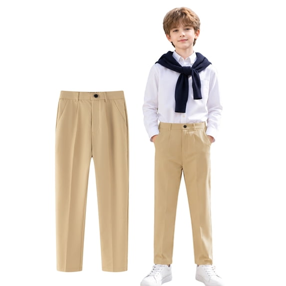 HILEELANG 1PC Teen Boys Girls School Uniform Pants Khaki Kids Wrinkle-Free Dress Slacks Elastic Back Waist Classic Fit Pull-On Trousers for Students 15-16Years
