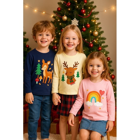 HILEELANG 2-7 Toddler/Little Girls Navy/Pink/Cream Forest Deer Rainbow Cute Spring Print 100% Cotton Tee 2