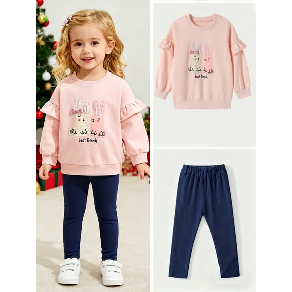 HILEELANG little Girl Sweatshirt and Leggings Set（Age:2-7Y) – Lotus leaf Long Sleeve Pink Best Friend Pullover and Navy Pants, Fall Winter for Kids 6T