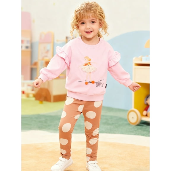 HILEELANG Toddler Girl Sweatshirt and Leggings Set（Age:2-7Y) – Lotus leaf Long Sleeve Pink Fairy Dance Pullover and Brown Pants, Fall Winter for Kids 4T