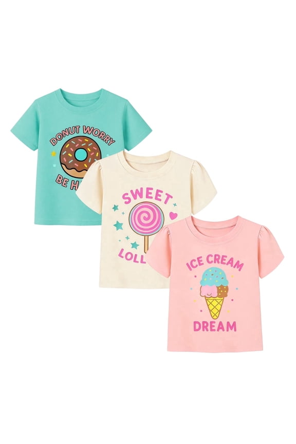 2-7T Toddler/Little Girls 100% Cotton 3 Pack Cute Food Graphic Short Sleeve T-Shirt, Size 3T