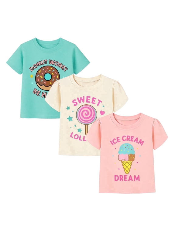 Toddler Girls 3-Pack 100% Cotton Graphic T-Shirts, Yellow Mint Cream Bunny Daisy Bee, Short Sleeve, Sizes 2T-7T