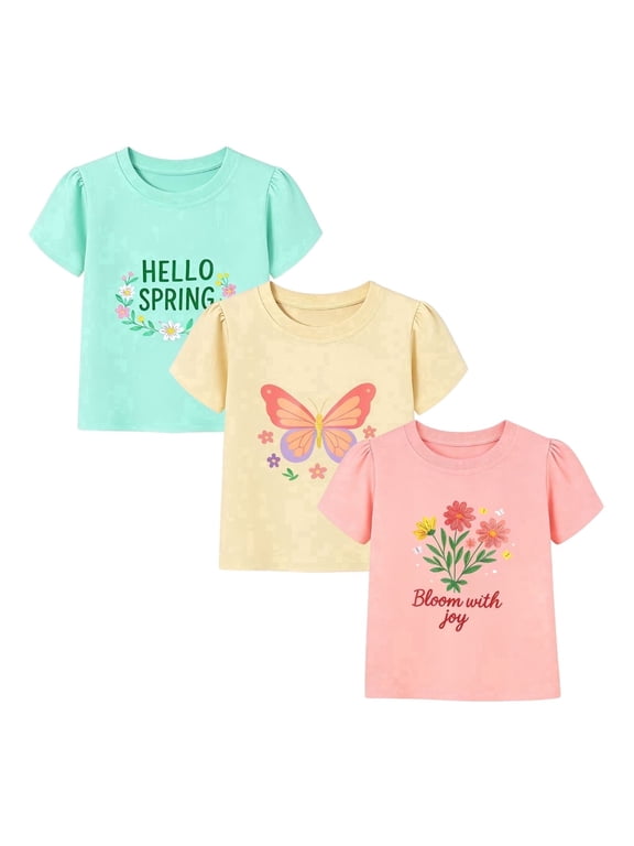Toddler Girls 3-Pack 100% Cotton Graphic T-Shirts, Mint Yellow Pink Spring Floral Butterfly, Short Sleeve, Sizes 2T-7T