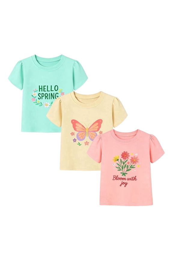 2-7T Toddler/Little Girls 100% Cotton 3 Pack Floral Butterfly Graphic Short Sleeve T-Shirt, Size 4T