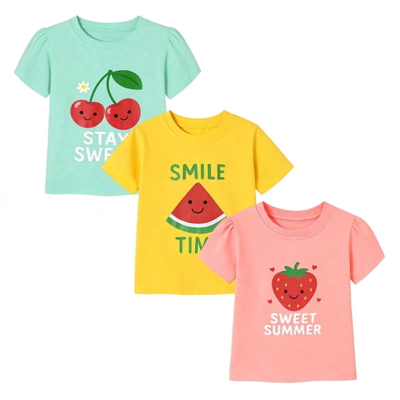 HILEELANG 2-7T Toddler/Little Girls 100% Cotton 3 Pack Fruit Graphic Short Sleeve T-Shirt, Size 4T
