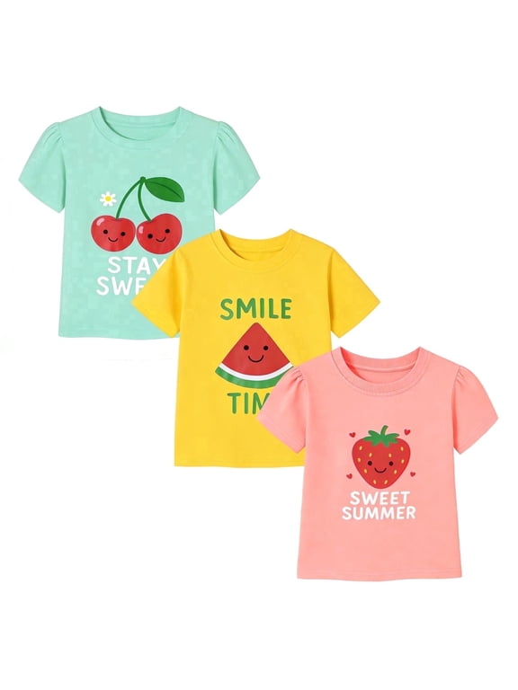 Toddler Girls 3-Pack 100% Cotton Graphic T-Shirts, Mint Yellow Pink Cherry Watermelon Strawberry, Short Sleeve, Sizes 2T-7T
