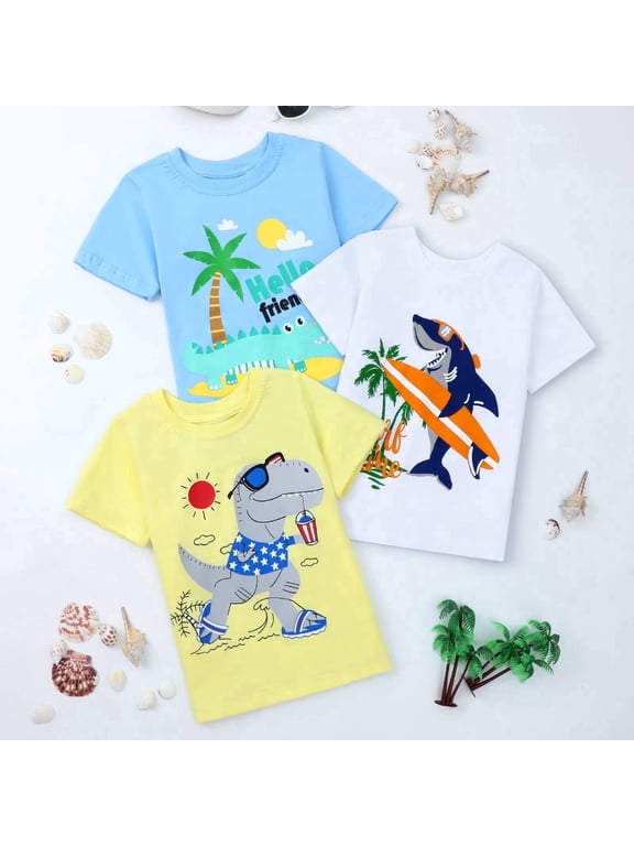 2-7T Toddler Little Boys 3-Pack T-Shirts Dinosaur Shark Surf Graphic 100% Cotton Short Sleeve Summer Tees Blue Yellow White 2T 3T 4T 5T 6T 7T