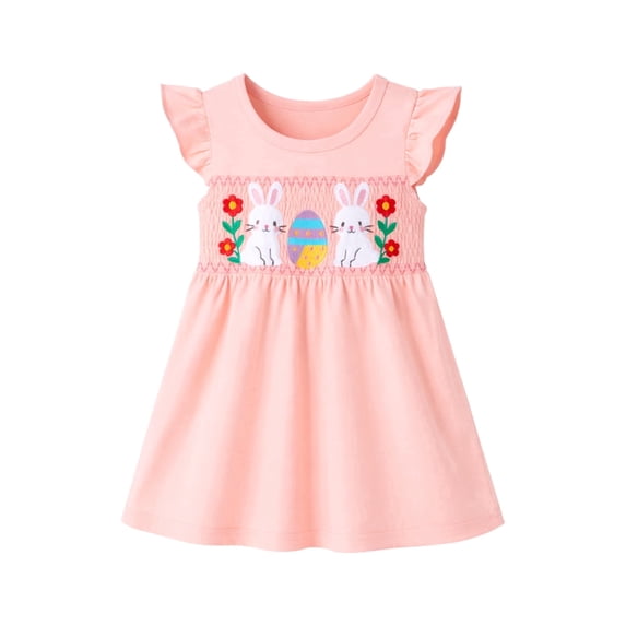 HILEELANG 2–7T Toddler/Little Girls Pink Bunny Easter Smocked Flutter Sleeve Dress Size 4T