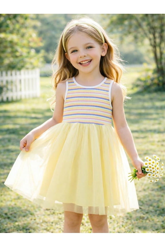 2-7T Toddler Little Girls Multicolor Striped Ribbed Tulle Dress, Soft Yellow Sleeveless Summer Sundress,5Y