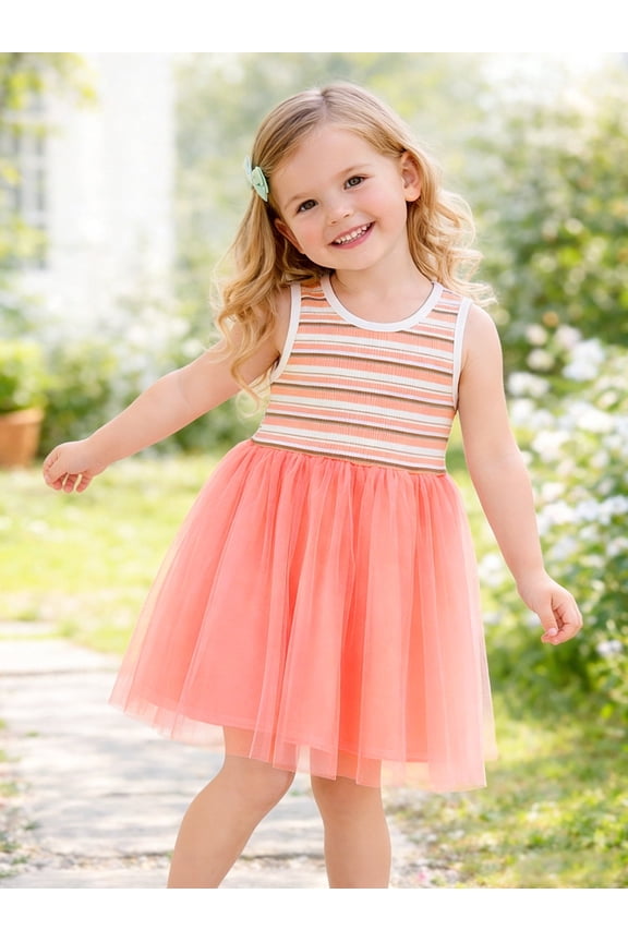 2-8 Toddler Little Girls Tulle Dress Coral Pink Sleeveless Ribbed Stripe Top Spring Summer 4 Years