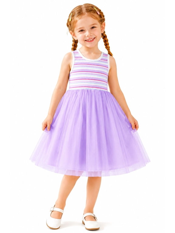 Toddler & Little Girls Striped Ribbed Tulle Dress, Lavender Sleeveless Twirl Party Dress, 2T-7T