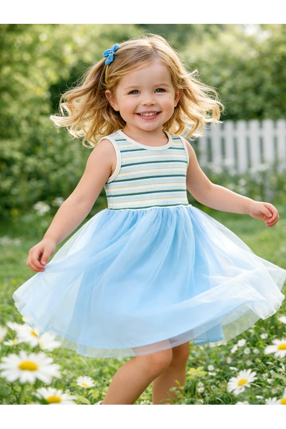 2-7T Toddler Little Girls Rainbow Striped Ribbed Tulle Dress, Sky Blue Sleeveless Casual Sundress,6Y