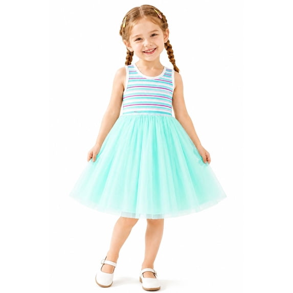 HILEELANG Toddler & Little Girls Striped Ribbed Tulle Dress, Mint Green Sleeveless Summer Sundress, 2T-7T