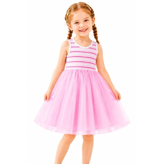 HILEELANG Toddler & Little Girls Striped Ribbed Tulle Dress, Blush Pink Sleeveless Summer Party Dress, 2T-7T