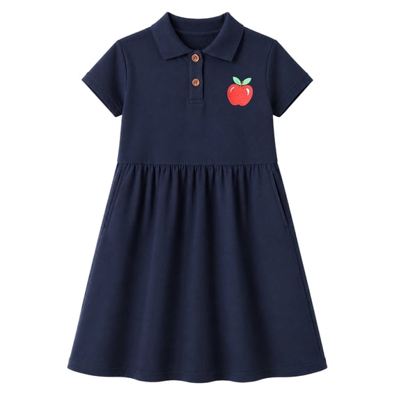 HILEELANG 2-9Y Girls Polo School Uniform Dress with Pockets Cotton Blend Pique Short Sleeve Collared Dress with Apple Patch,3-4Y
