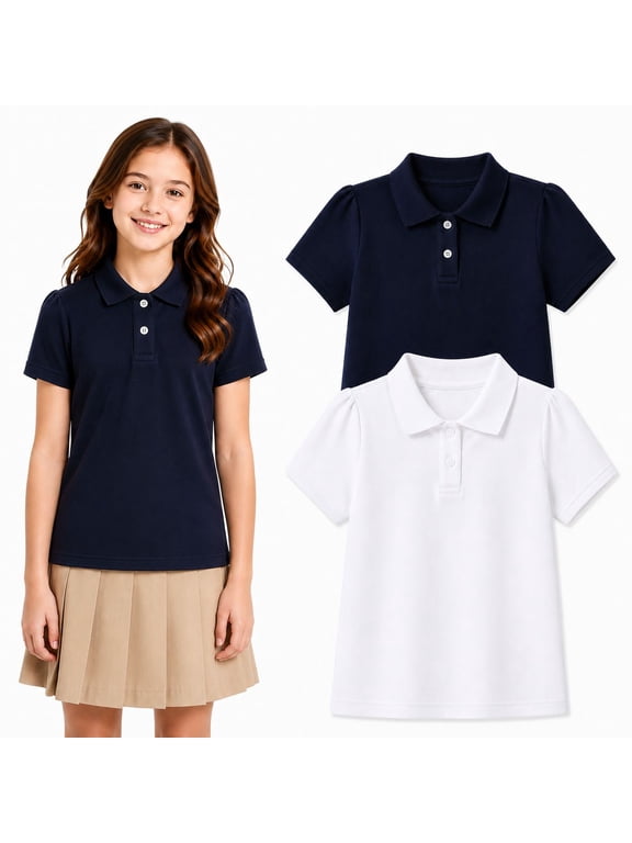 Girls School Uniform Polo Shirts, 2-Pack Short Sleeve Cotton Blend Pique Tops, White & Navy, Sizes 4-13