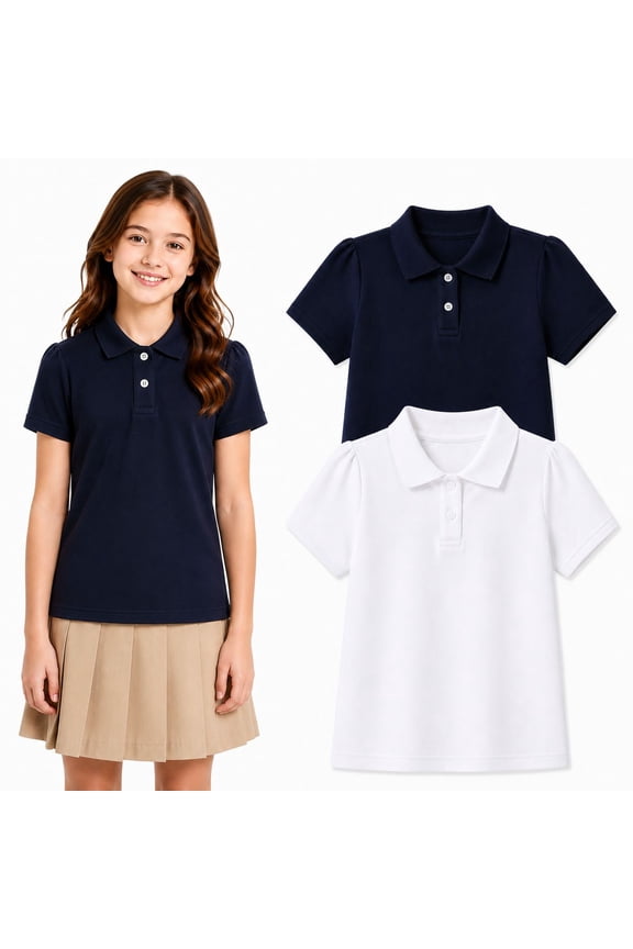 2-Pack Little/Big Girls' Short Sleeve Pique Polo Shirts, Uniform Tops for Kids 4-13T, White & Navy Blue