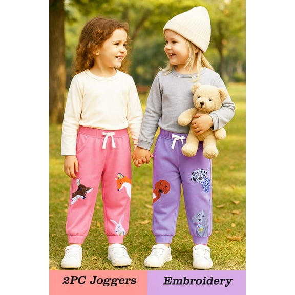 HILEELANG Toddler Girls （Age:12M-7Y) Cotton Joggers Sweatpants Animal Embroidery Drawstring Waist and Pockets-Pink Purple Casual Athletic Pants for Kids 2T